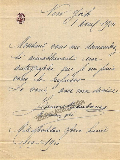 Maubourg, Jeanne - Autograph Note Signed 1910