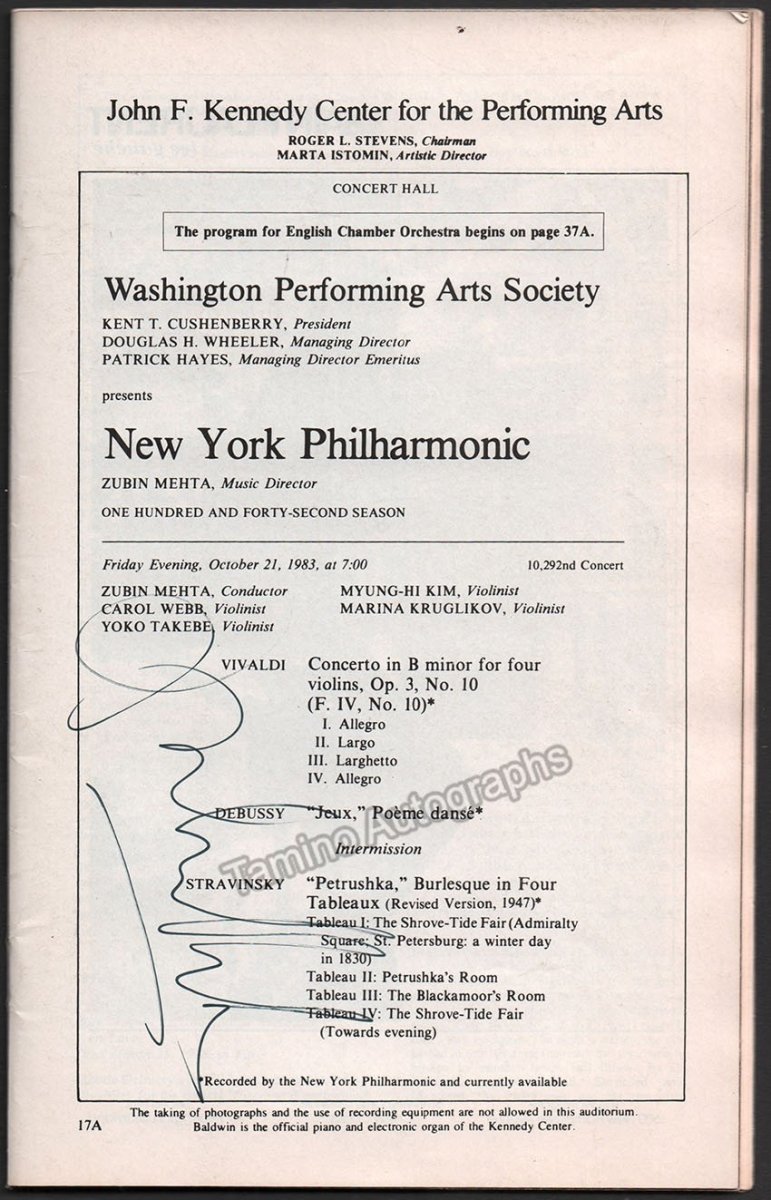 Mehta, Zubin - Signed Program JFK Center, Washington 1983