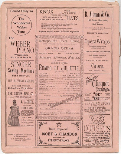 Melba, Nellie - De Reszke, Jean & Others - Unsigned Program Met Opera