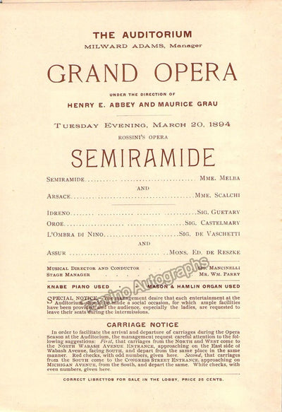 Melba, Nellie - Semiramide Program 1894