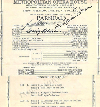 Melchior, Lauritz  - Larsen-Todsen, Nanny  - Schorr, Friedrich - Signed Program Clip Metropolitan Opera, New York 1926
