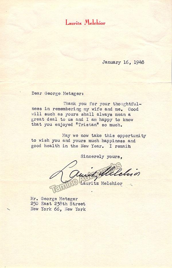 Melchior, Lauritz - Lot of 1 Signed Photo + 2 Typed Letters Signed + 1 Autograph Letter Signed + 1 Autograph Note Signed - Tamino