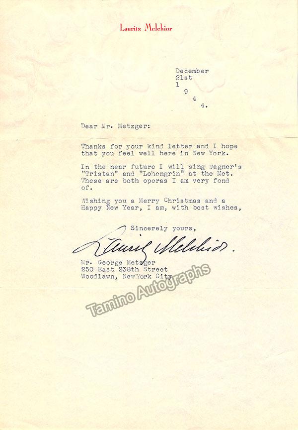 Melchior, Lauritz - Lot of 1 Signed Photo + 2 Typed Letters Signed + 1 Autograph Letter Signed + 1 Autograph Note Signed - Tamino