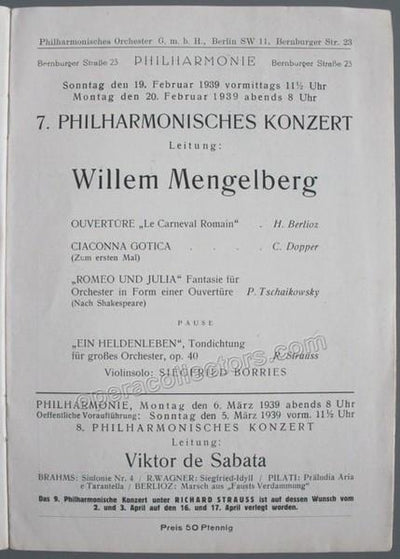 Mengelberg, Willem - Berlin Philharmonic Orch. Program 1939