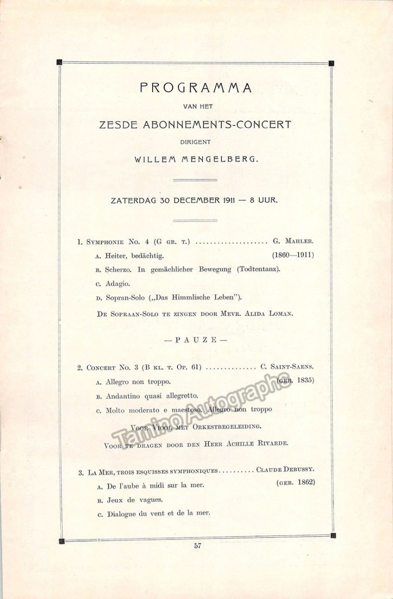 Mengelberg, Willem - Concert Program Amsterdam 1911 - Tamino
