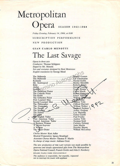 Menotti, Giancarlo - Signed "The Last Savage" Program + Photos