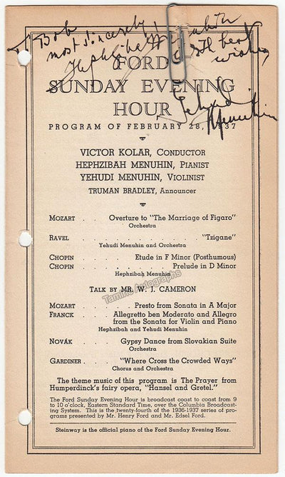 Menuhin, Yehudi - Menuhin, Hepzibah - Signed Radio Program 1937