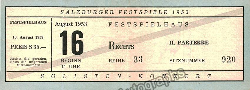 Menuhin, Yehudi - Salzburg Festival Concert Program 1953 with ticket stub - Tamino