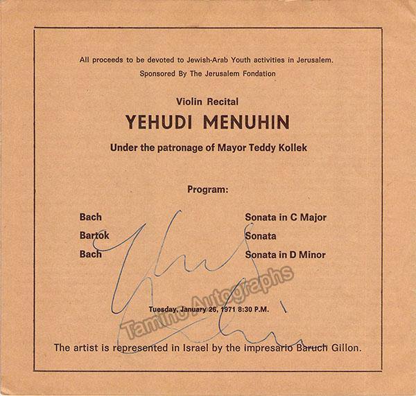 Menuhin, Yehudi - Signed Program Jerusalem 1971 - Tamino