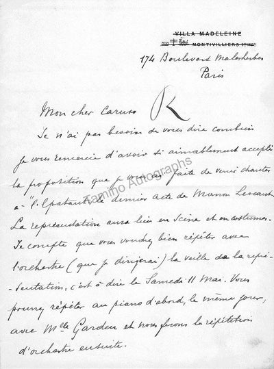 Messager, Andre - Autograph Letter Signed to Enrico Caruso