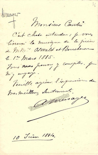 Messager, Andre - Signed Note 1884 & Autograph Music Quote Signed
