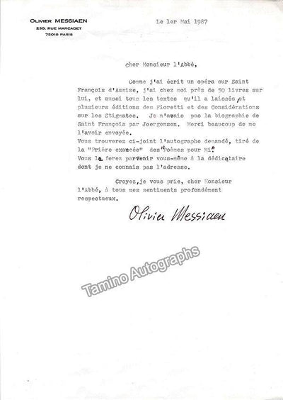 Messiaen, Olivier - Typed Letter Signed 1987