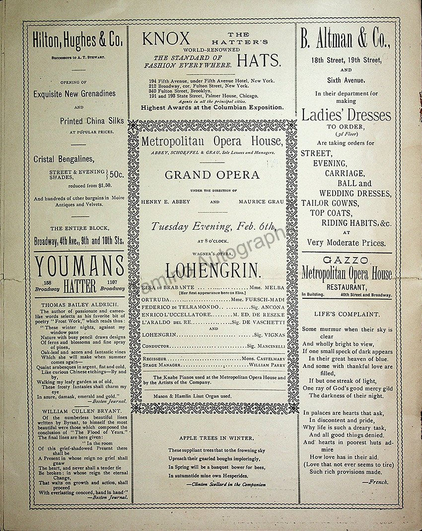 Metropolitan Opera - Full Program Lot 1889-1900 – Tamino