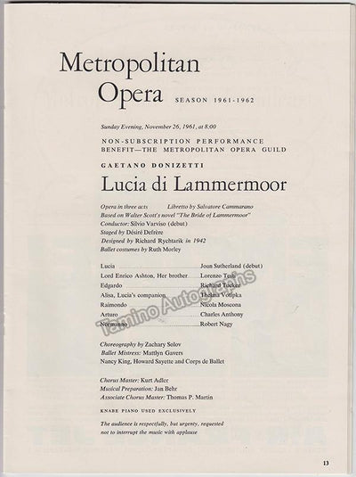 Metropolitan Opera - Joan Sutherland debut as Lucia Program 1961