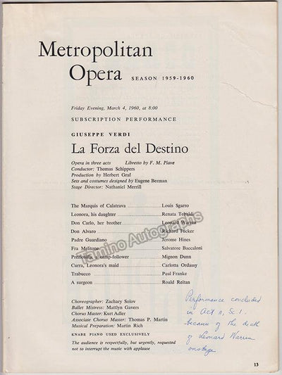 Metropolitan Opera - Leonard Warren Last Performance in La Forza del Destino Program
