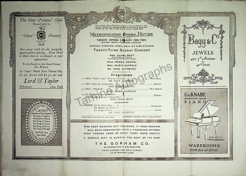 Metropolitan Opera - Sunday Concerts Program Lot 1910-1915 - Tamino
