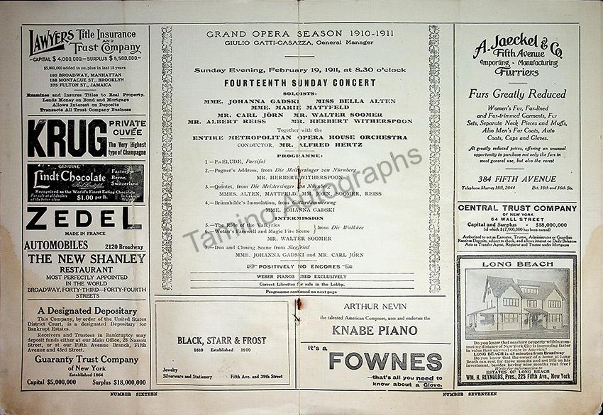 Metropolitan Opera - Sunday Concerts Program Lot 1910-1915 - Tamino