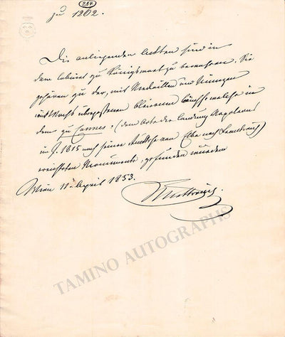 Metternich, Klemens von - Autograph Note Signed 1853