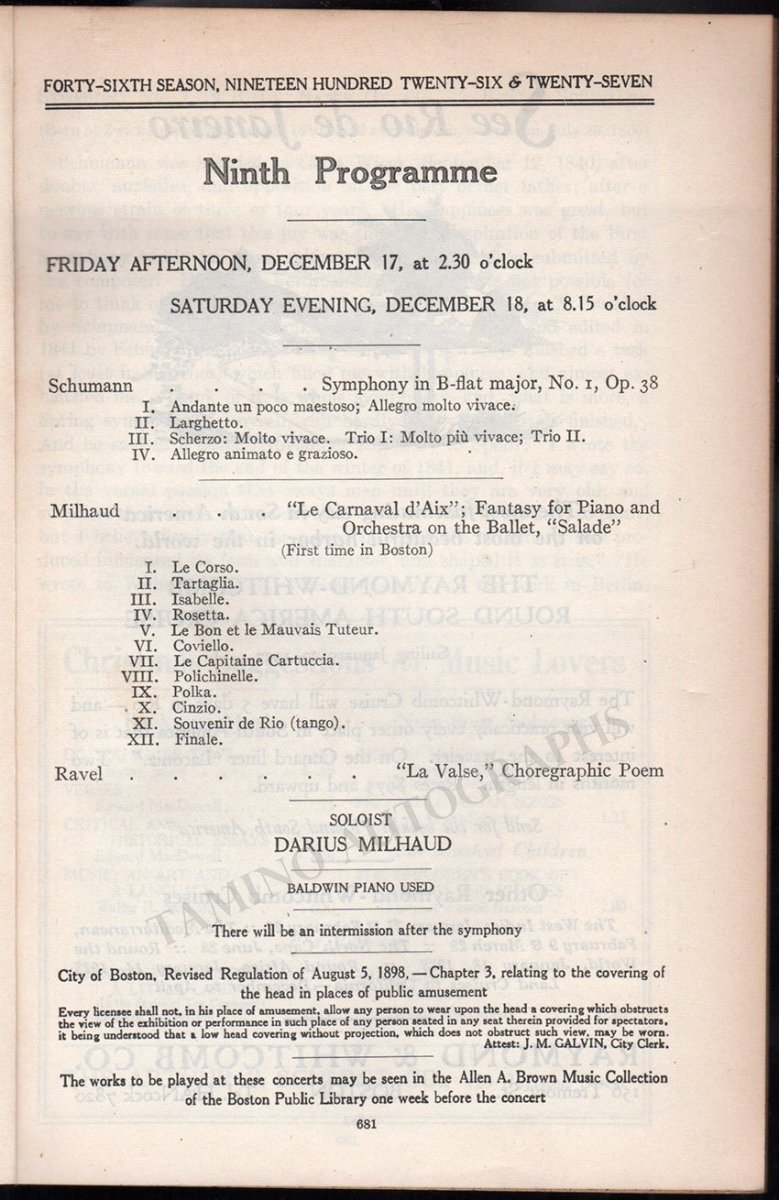 Milhaud, Darius - Concert Program Boston 1926 – Tamino