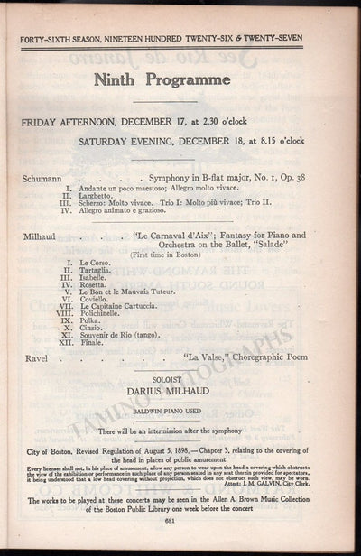 Milhaud, Darius - Concert Program Boston 1926