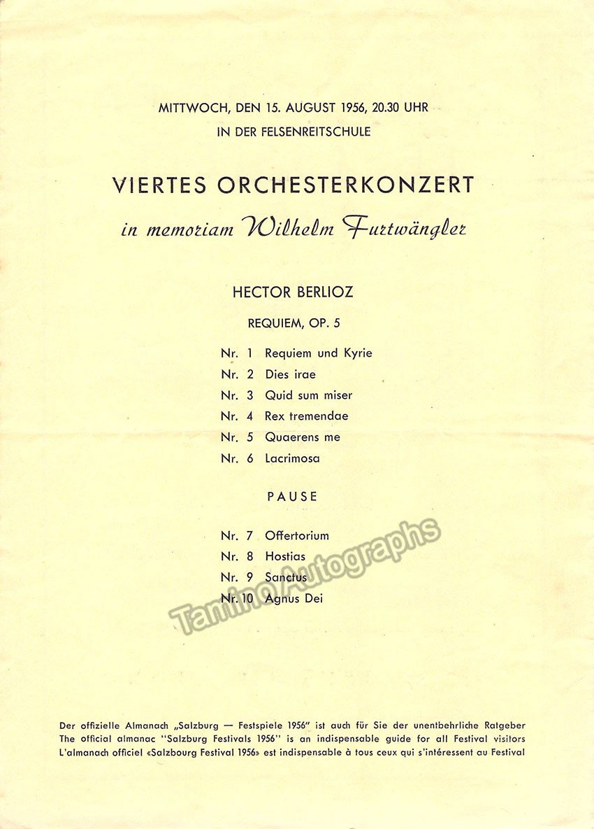 Mitropoulos, Dimitri - Concert Program Salzburg 1956 - Tribute to Wilhelm Furtwangler - Tamino