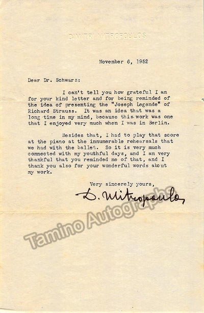 Mitropoulos, Dimitri - Typed Letter Signed 1952