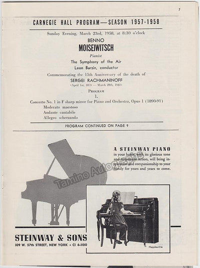 Moiseiwitsch, Benno - Program Carnegie Hall 1958