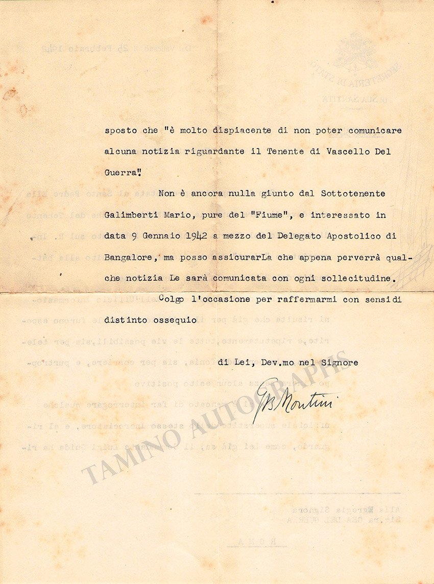 Montini, Giovanni Battista (Pope Paul VI) - Set of two Signed Typed Letters - Tamino