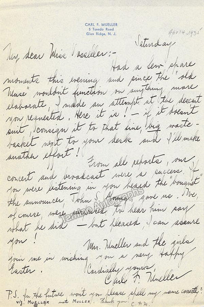 Mueller, Carl F. - Autograph Letter Signed 1935