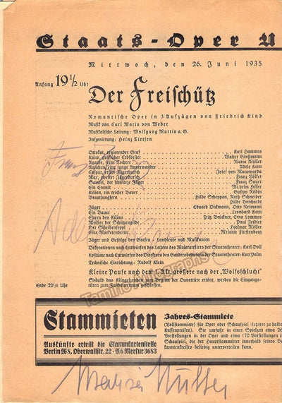 Mueller, Maria - Kern, Adele - Volker, Franz - Signed Program Berlin 1935