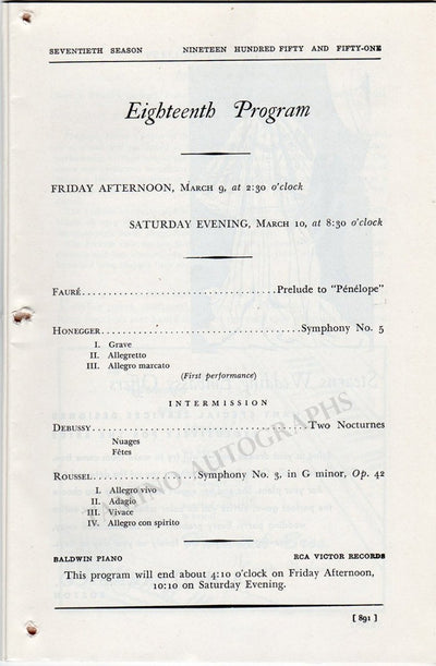 Munch, Charles - World Premiere Program Honegger´s "Symphony Nr. 5" 1951