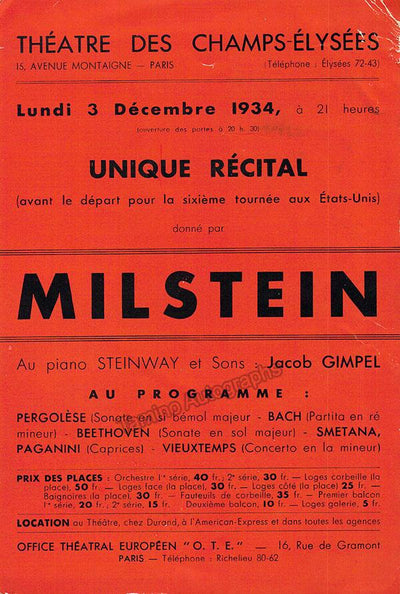 Nathan Milstein Concert - Playbill Music Paris 1934