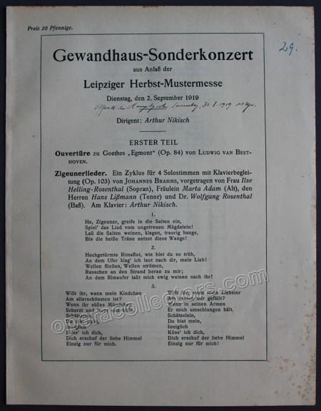 Nikisch, Arthur - Concert Program 1919 - Tamino