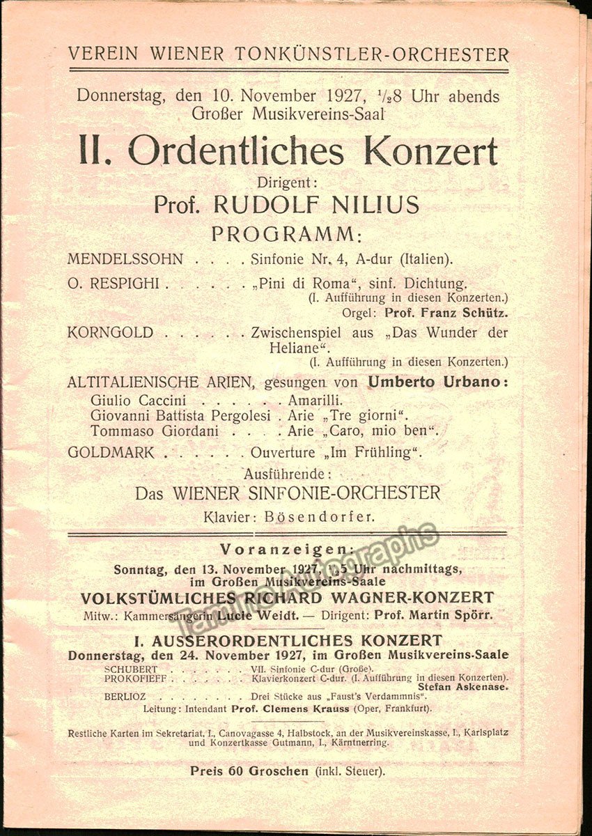 Nilius, Rudolf - Lot of 5 Programs Vienna 1927-1928 - Tamino