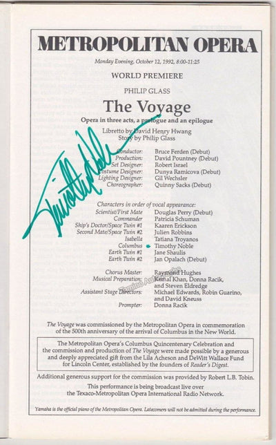 Noble, Timothy - Signed Program The Voyage 1992 World Premiere