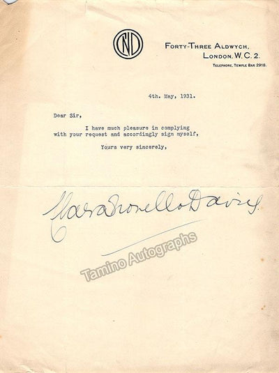 Novello Davies, Clara - Typed Letter Signed 1931