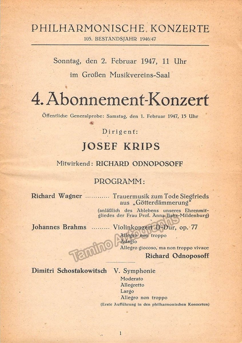 Odnoposoff, Richard - Concert Program 1947 - Josef Krips