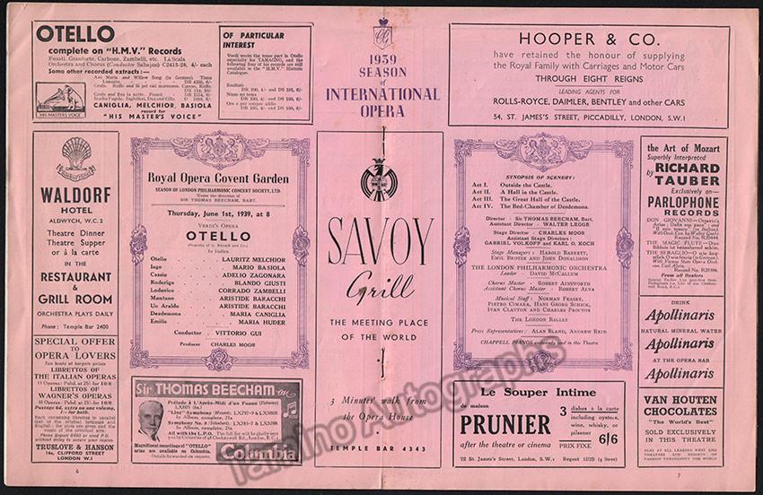 Oreal Opera Program Otello - Program Royal Opera Covent Garden 1939 Vittorio Gui