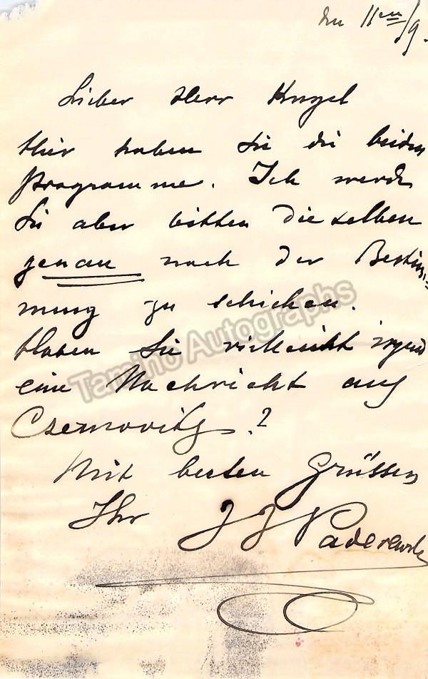 Paderewski, Ignacy - Autograph Note Signed 1909