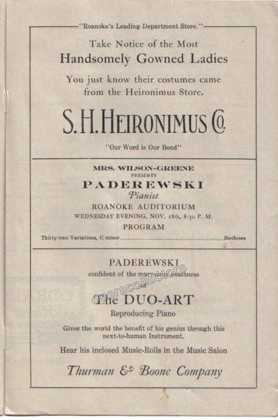 Paderewski, Ignaz - Concert Program circa 1910
