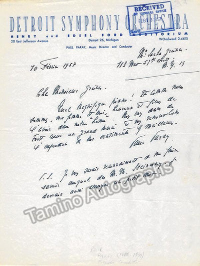 Paray, Paul - Autograph Letter Signed 1957