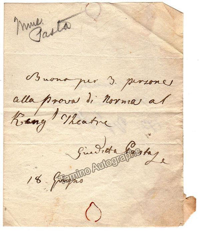 Pasta, Giuditta - Autograph Note Signed 1833