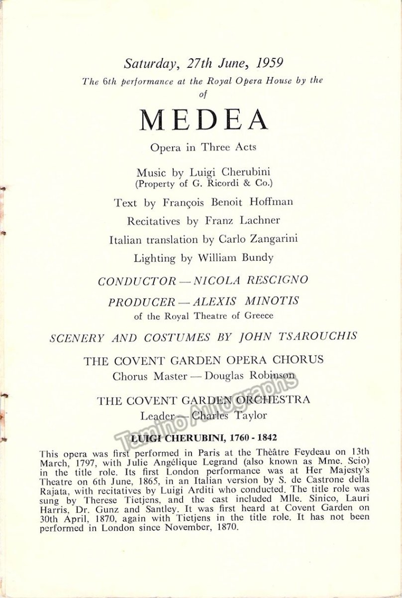 Maria Callas Program Medea Covent Garden 1959 – Tamino