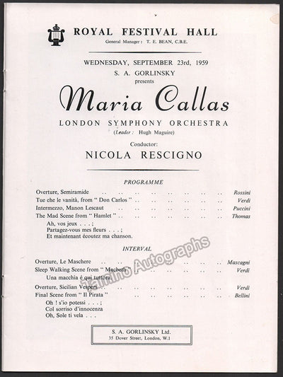 Performance Program Recital Opera Royal Festival Hall 1959