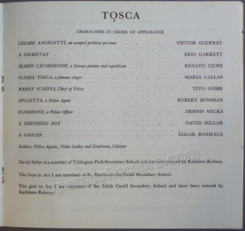 Performance Program Tosca at Royal Opera House 1964