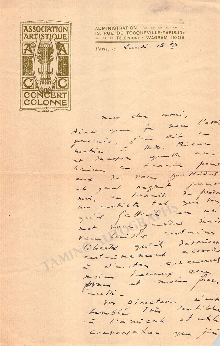 Pierne, Gabriel - Autograph Letter Signed - Tamino