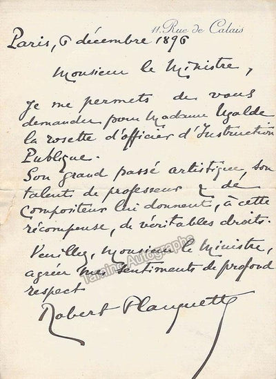 Planquette, Robert - Autograph Letter Signed 1896