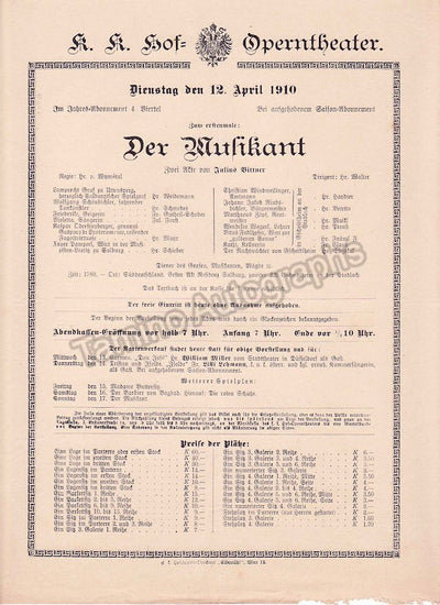 Imperial & Royal Court Opera Playbill, Vienna - Der Musikant - WORLD PREMIERE - Bruno Walter