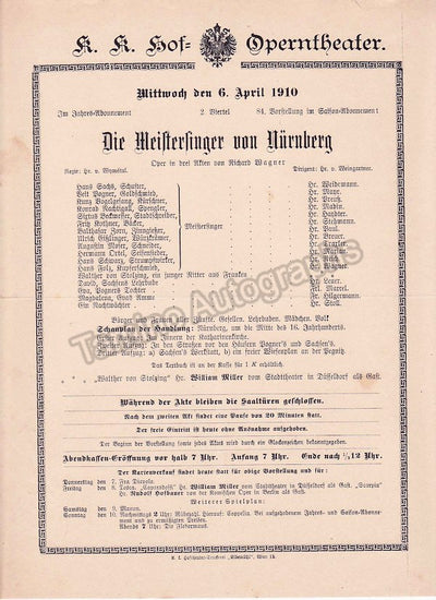 Imperial & Royal Court Opera, Vienna - 8 Playbill Lot 1910-1912