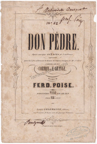 Poise, Ferdinand - Signed Title Page Score "Don Pedre" 1862